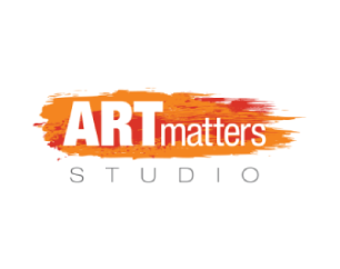 Art Matters in white text over an orange and red paint stroke, studio in black text below logo