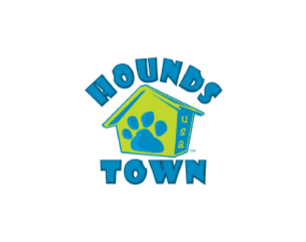 Hounds Town USA logo featuring a blue and green dog house