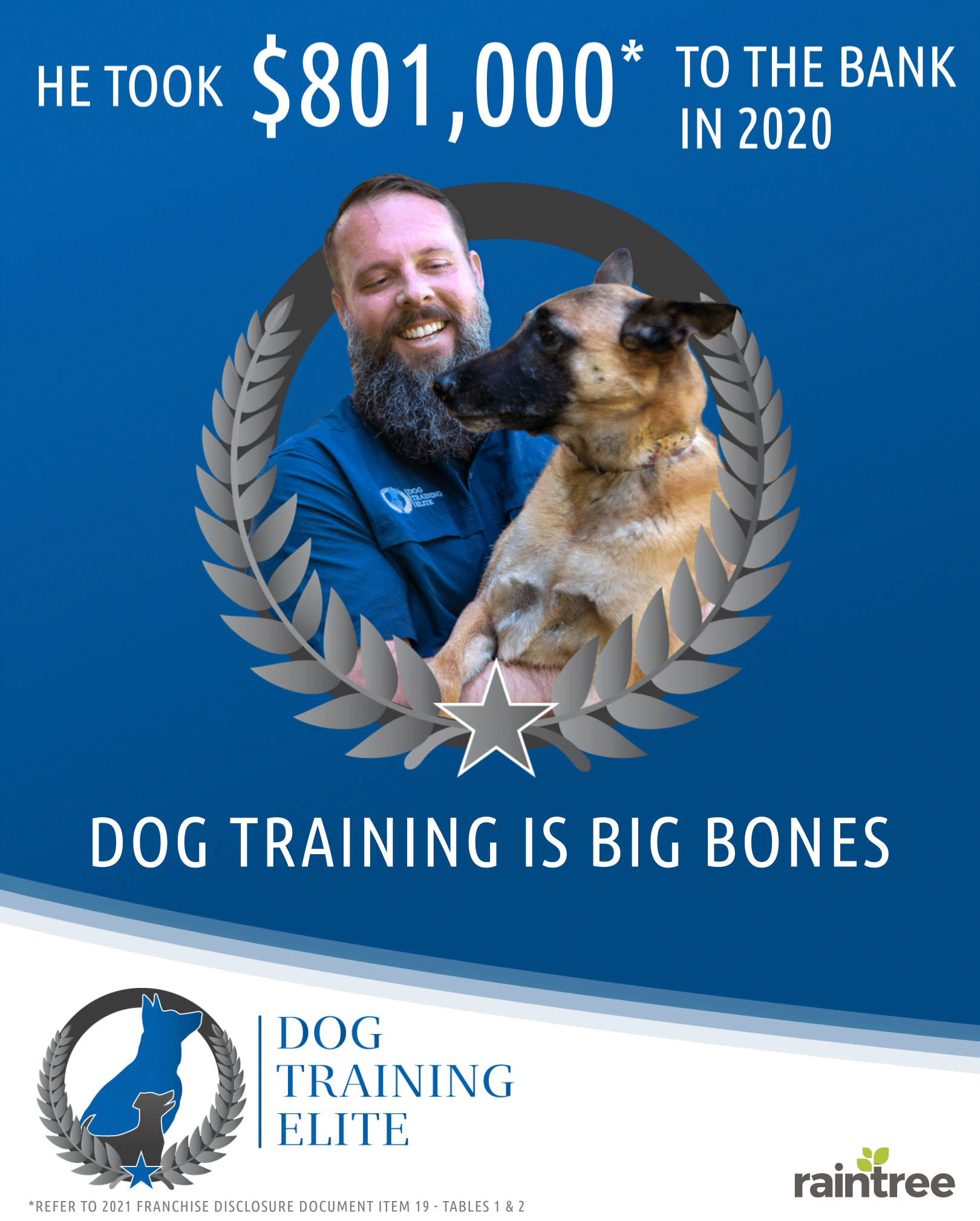 animated gif of a cutout with a guy holding his dog, framed in laurel with a star flashing up. Tet above reads HE TOOK $801,000 TO THE BANK IN 2020 and below it says DOG TRAINING IS BIG BONES. Below the image features the Dog Training Elite logo and the Raintree Growth logo